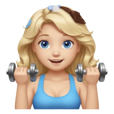 Kawaii emoji girl with big  blue glossy eyes, long wavy dirty blonde hair, happy expression, holding a dumbell, chubby cheeks, soft pastel colors, cozy and sweet aesthetic, clean background. sticker