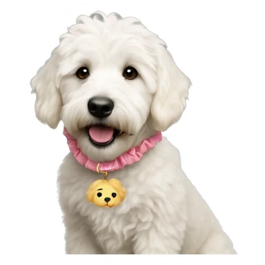 White mini golden doodle with scrunchie in mouth sticker
