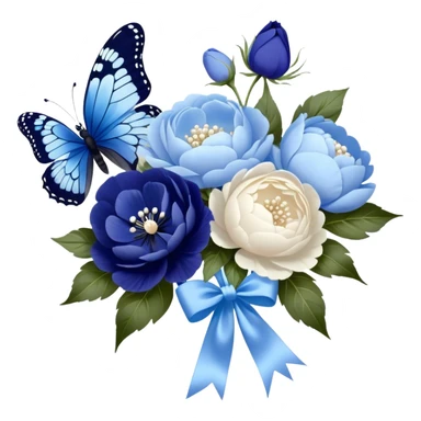 An elegant butterfly with midnight blue and sky blue wings, accented with delicate white tracings, hovering above a beautifully arranged bouquet of soft pastel blue peonies and deep indigo pansies, tied together with a flowing pearl satin ribbon. sticker