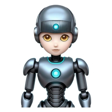Cute futuristic chibi humanoid robot with large rounded head, glossy black and grey metal body, glowing cyan and amber eyes, visible joints, confident pose, white background, high-detail 3D render, LMX text on chest. sticker