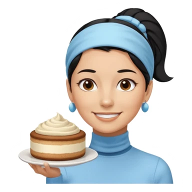  tan skin woman with long face, and short black hair slicked back ponytail with forehead showing, wearing a light blue headband and wearing pale blue turtleneck shirt, eating tiramisu smiling with hair pulled back sticker