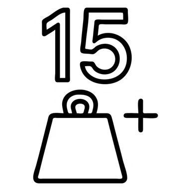 icon for '+de 15 kilogramos', large number 15 with weight symbol and plus sign, minimal and professional sticker