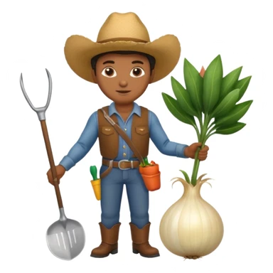 An African American cowboy holding a large onion and a gardening hoe sticker