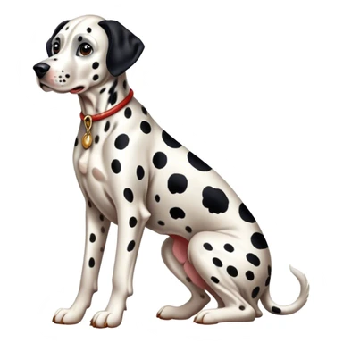 Cinematic Realistic full-body portrait of a Dalmatian dog, rendered with glossy, meticulously detailed spotted fur and expressive, alert eyes, set against a clean, neutral backdrop that highlights its regal and athletic stance. sticker