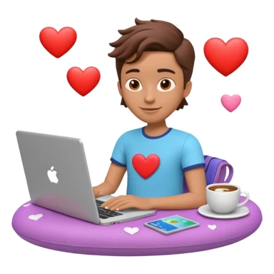 3D clay character relaxed with laptop and coffee, floating icons (hearts + dollars), colofrful modern outfit, white laptop, Pixar style, transparent background sticker