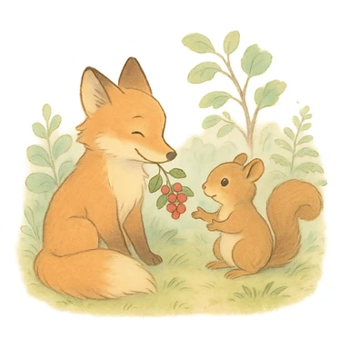 a fox and squirrel sharing berries, forest friendship scene, soft pastel colors sticker
