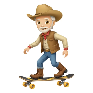 old man cowboy riding a skateboard, simple shapes, yellow face, cowboy hat, boots, western outfit, android emoji style sticker