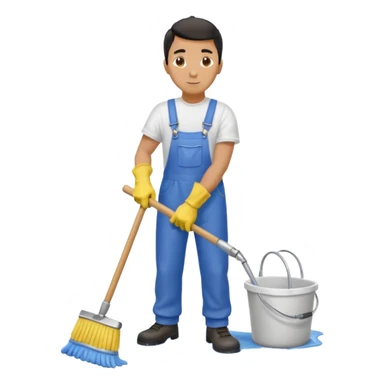 Custodian with yellow rubber gloves, white T-shirt, blue overalls, mopping floor sticker