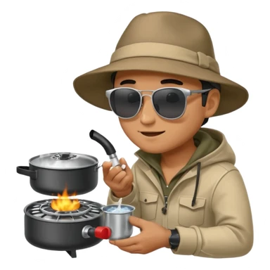 A man camper boiling water on a portable stove, enjoying the outdoor sticker