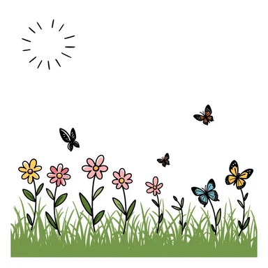 spring theme with blooming flowers, green grass, butterflies, and sunshine in pastel colors dd9fb0, ffc6d3, a3bfc9, c4bee2, f1b091, detailed hand-drawn doodle style sticker