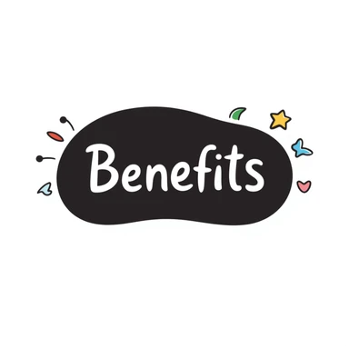 The word "Benefits" hand-drawn in white text with a dark background and just a few colorful accents. Simple doodle style with minimal decoration. sticker