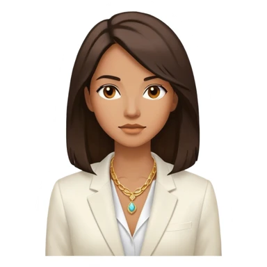 Emoji femenino con cabello suelto medio largo hasta los hombros color castaño oscuro. Tono de piel bronceado. Viste blazer color blanco y blusa de vestir blanca. Lleva tres collares  dorados sin piedra. Minimalista, clasico sticker