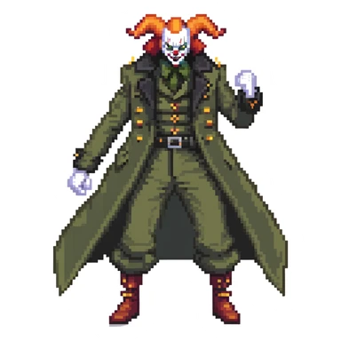evil clown soldier, bald, small black horns on forehead, fangs, pointed ears, eye patch over one eye, long coat over black and military green clothes with bellbottom pants, tail, realistically proportioned, less bulky, full body, fighting stance sticker