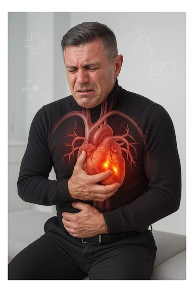 a middle-aged man sits on a bench, clutching his chest with a pained expression. His face is pale and sweaty, and his posture is hunched forward. A transparent overlay reveals his heart and major blood vessels, with highlighted areas indicating blockages or damage. The background is clean and clinical, with subtle medical icons. sticker