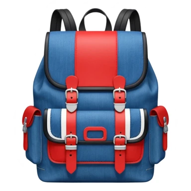 Minimalist emoji-style icon of a stylish blue denim backpack with a flap top, two vertical black buckle straps, a large red-white-navy horizontal block in the center, and two zipper side pockets. Inspired by Tommy Jeans design. Front view, cartoon-like, clean design.

 sticker