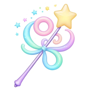 Cinematic cute magical wand, pastel swirls of color, tiny twinkling stars floating around, glowing softly, chubby rounded edges, whimsical and dreamy. sticker