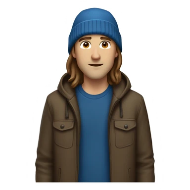 white man with long brown hair and brown beanie standing, wearing blue jacket sticker