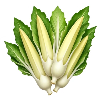 Belgian endive, whole, elongated and compact, pointed tip, tightly packed leaves, pale yellow to green outer leaves, creamy white base, smooth and crisp, subtle veins, 3D clean style, no faces, transparent background sticker