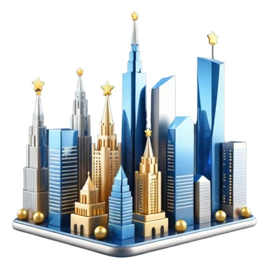 3D emoji of Moscow City business district skyline. A cluster of stylized skyscrapers with different shapes (gold, blue, silver). Decorated with tiny glowing Christmas lights. Soft 3D render, clay and glass textures, Apple aesthetic, isolated on a white background. sticker