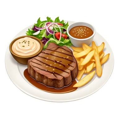 big juicy australian steak meal featuring chips, small salad in a ramikan and gravy in a small bowl on the plate sticker