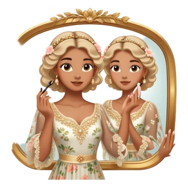  Middle Eastern-inspired moment of a woman getting ready in front of a mirror. She wears a delicate floral dress with sheer, flowy sleeves, accessorized with gold jewelry and traditional pearl-adorned hair clips. Her  as she applies mascara, her reflection revealing a soft smile.  sticker