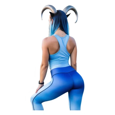 Disapponted-big tears-head back texting on phone-very very large upper body-sexy face-bending forward at waist-very long very straight dark blue to light blue ombre hair-and-blue eyes-thick black eyeliner-cute goat horns-iridescent blue lowcut tanktop with black leggings with glitter superman logo sticker