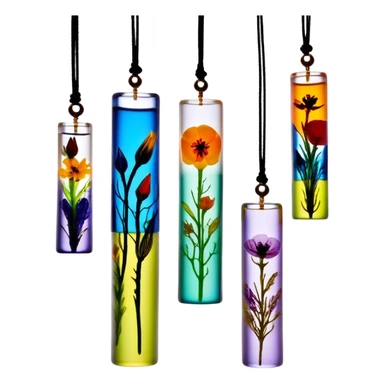 Create an icon that represents decorative arts using epoxy resin in tubes. The design should feature colorful tubes of resin, including fluorescent resin tubes, with visible drops or strokes of resin being applied to create intricate designs. Include finished resin jewelry pieces, such as pendants or rings, containing preserved flowers and insects encased in clear resin. The composition should feel vibrant, artistic, and delicate, showcasing the unique beauty of resin art with natural elements. The background should be transparent sticker