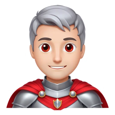 Create a side-view RPG character asset in a clean. The character is a brave knight with exaggerated, rounded features and minimal linework. They wear polished armor in silver tones, with a bright red cape flowing behind them. The face should have large, expressive eyes and a friendly smile that’s clearly visible even from the side view. Keep proportions simple and cartoony. The stance is slightly turned to emphasize the character’s side profile (facing right), with one hand on the hip and the other resting on a sheathed sword at the waist. The colors should be vibrant and easy to read, with smooth shading reminiscent of typical emoji designs. Include two variations: one idle pose and one simple walking pose, each capturing the playful, streamlined look of emoji-like characters. sticker