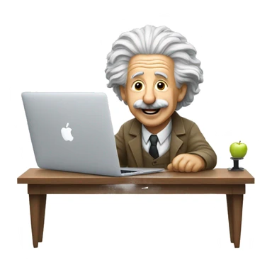 albert einstein happy sitting in the chair with apple macbook sticker