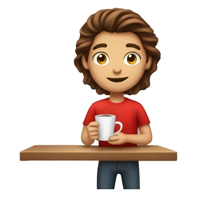 barista boy in a red t-shirt with long brown hair, with a cup of coffee in a hand sticker