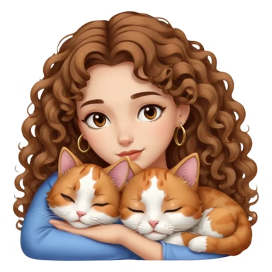 cute balayage curly/wavy haired girl, hoop earrings, brown eyes, clean girl makeup sleeping beauty with her calico cat sleeping sticker