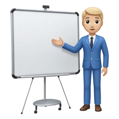 A clean emoji-style illustration of a person giving a presentation, standing next to a large presentation board on a stand, board empty and white, no podium, no desk, no table, friendly proportions, soft 3D emoji style sticker
