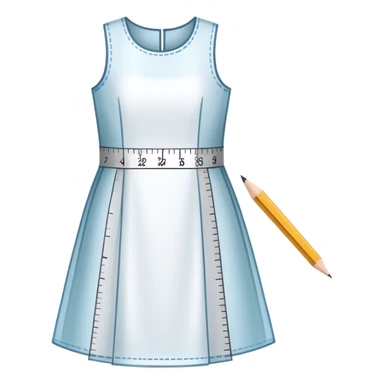 Icon for Fashion Design: a dress pattern with measurements, a ruler, and a pencil. The icon should represent the process of designing clothing with a focus on precision and tailoring. Transparent background. sticker