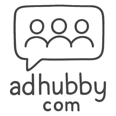 minimal logo for adhubby.com, multi-agent creative team, simple chat bubble or teamwork icon, clean typography, designed for small business appeal sticker