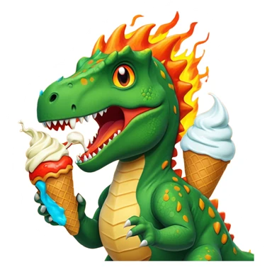 Dinosaur with ice cream and fire behind it sticker