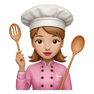 Girl in pink chef outfit, light brown hair, light skin, red lipstick sticker