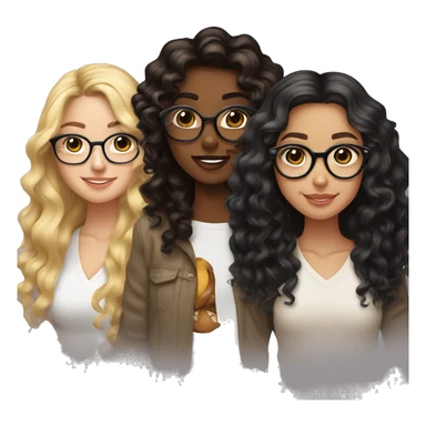 Three best friends, one curly black wavy hair with glasses, another one medium long brown hair with glasses, the other one balayage blonde  sticker