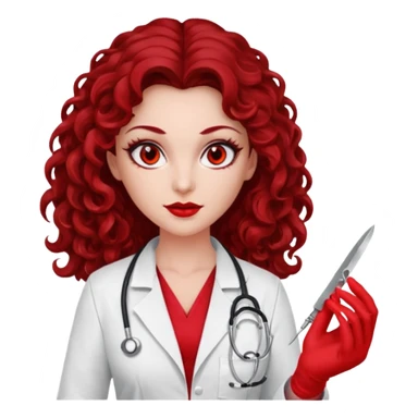 Lilith scalpel in hand, evil surgeon red outfit.  She has red eyes. She has dark brown long curly hair. Wears sexy doctor outfit with red gloves sticker