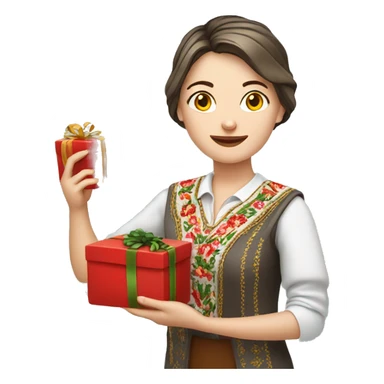 A female teacher in Ukrainian embroidery holds a gift in her hand sticker