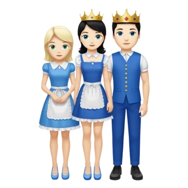 King, black hair, body, legst, blue eyes, blue garmont,  shoes, blonde maid, green eyes, sexy short sleveless White dress, shoes sticker