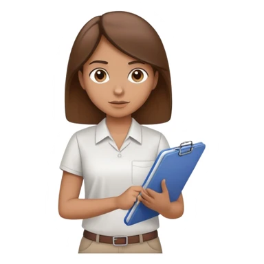 Intern or volunteer with brown hair holding a clipboard and pencil, ready to take notes or assist. The character wears a simple shirt and has an eager posture sticker
