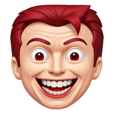 Rick Astley with a GIANT devious evil killer smile, but only his front teeth are sticking out, the background is pitch black, and Rick Astley is red sticker