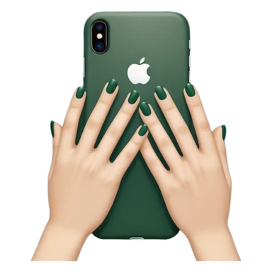 female hand with nude manicure (5 fingers) holding an iPhone in a dark green case, top view, minimalism, emoji style sticker