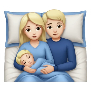 Girl with dark hair and boy with blonde in a bed cuddling  sticker