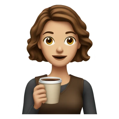 A woman with brown hair holding her coffee sticker