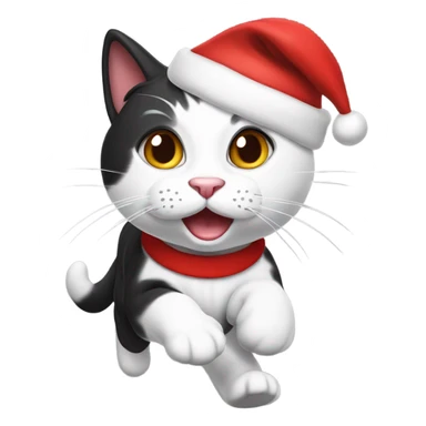 Running black and white cat wearing a Santa hat  sticker