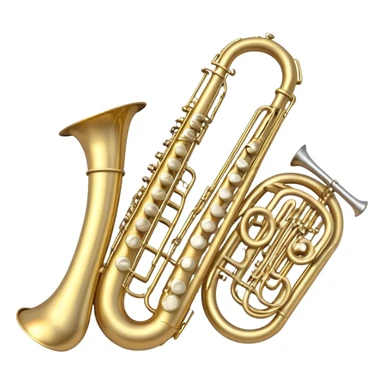 Create a professional, harmonious emoji collage symbolizing wind instruments.  The instruments should be in metallic gold, silver, and brass tones, with subtle reflections to convey a professional and polished appearance. Add soft musical notes or soundwaves to surround the instruments, creating a sense of movement and sound. The background should be transparent, ensuring all instruments are the focus and the composition remains harmonious and balanced. sticker