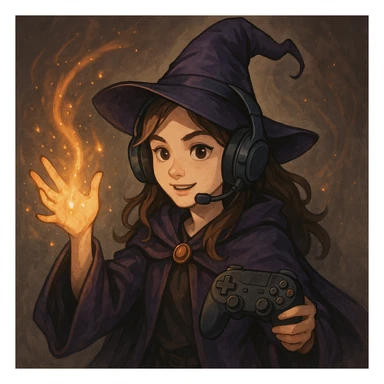 a young female wizard with a gaming headset, casting a spell with one hand and holding a game controller in the other sticker