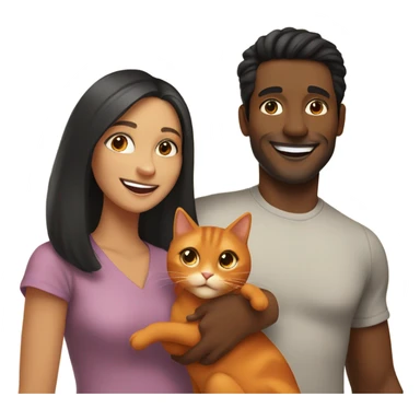 a happy light-brown woman with black hair and a happy brown man with brown hair are friends and holding an orange cat sticker