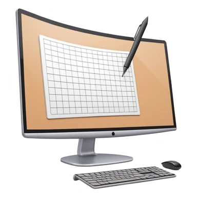Create an emoji for 3D visualization and modeling. Show a 3D object with grid lines and a modeling tool (e.g., a mouse or stylus) on a big curved monitor. Use modern, professional colors. Do not include any emojis or smiley faces. Make the background transparent. sticker